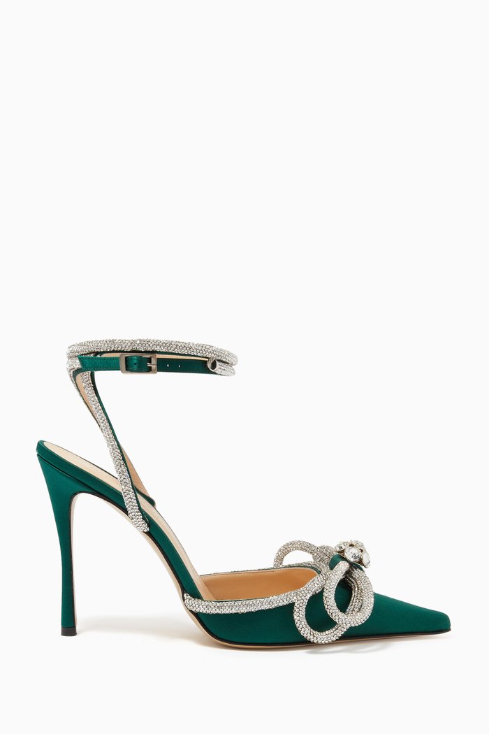 

Double Crystal Bow Pumps in Silk Satin, Green