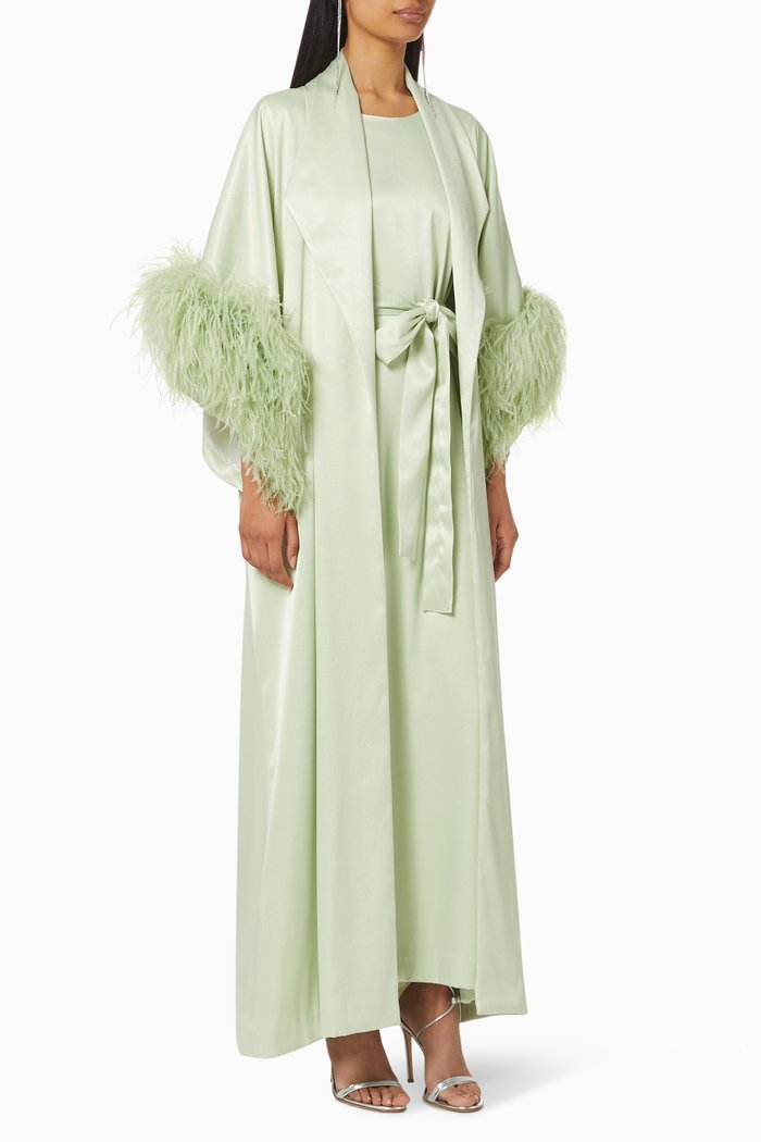Feather Trim Kaftan Set, Green