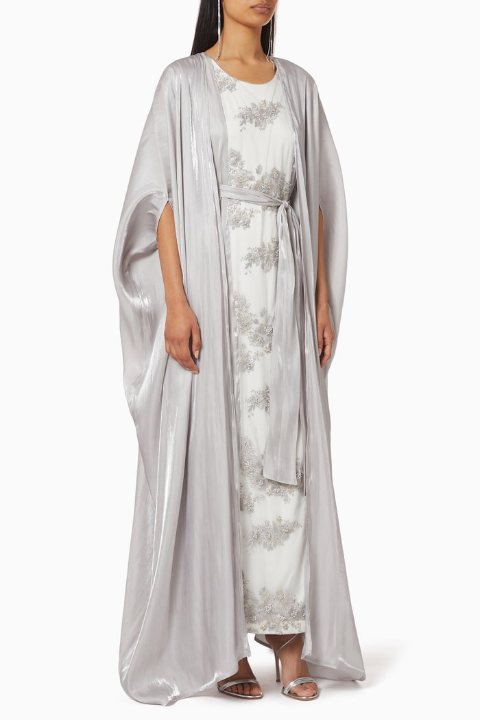 

Embroidered Shimmer Kaftan Set, Silver