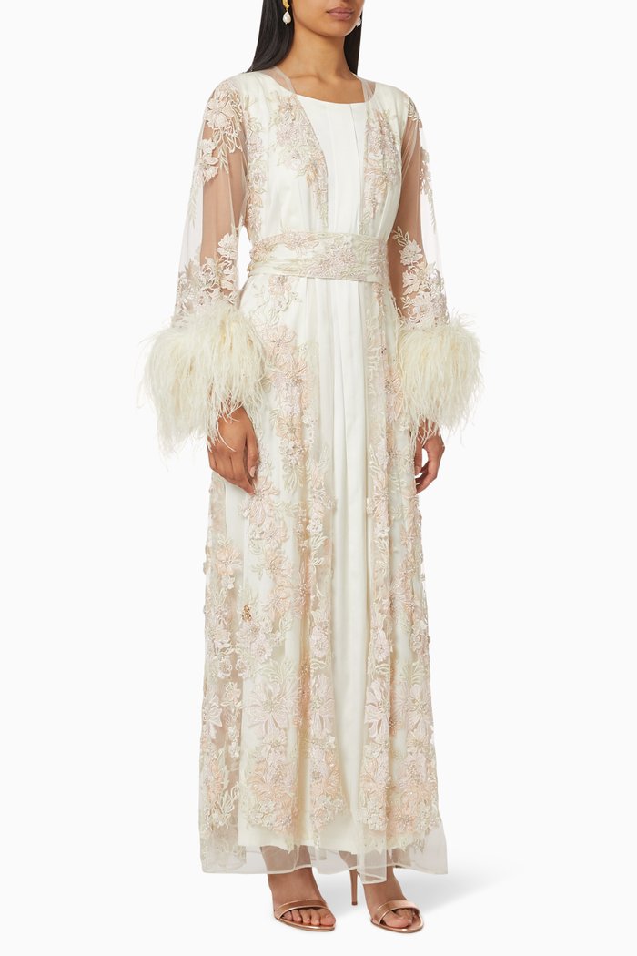

Floral Feather Embroidered Kaftan Set, Neutral