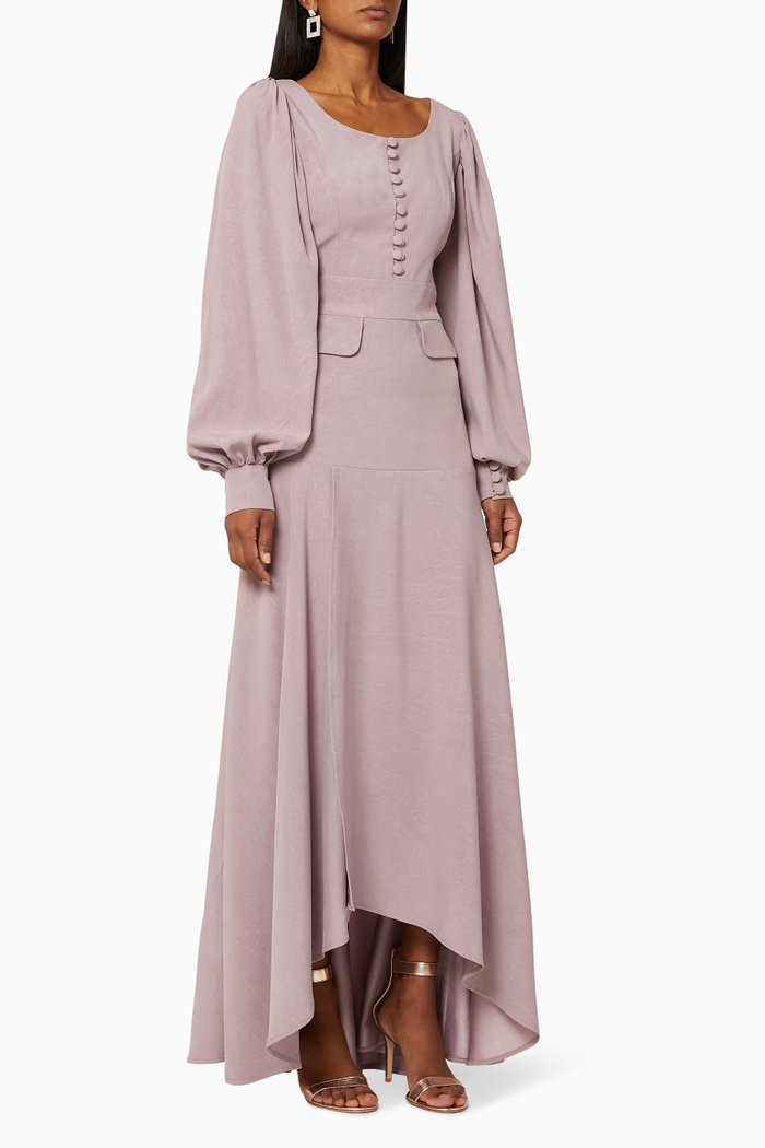 

Puff Sleeve Buttoned Dress, Purple