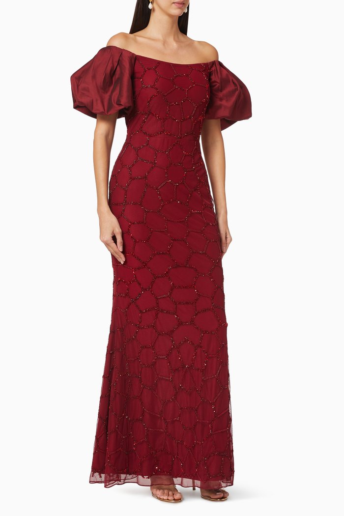 

Beaded Satin Gown, Red