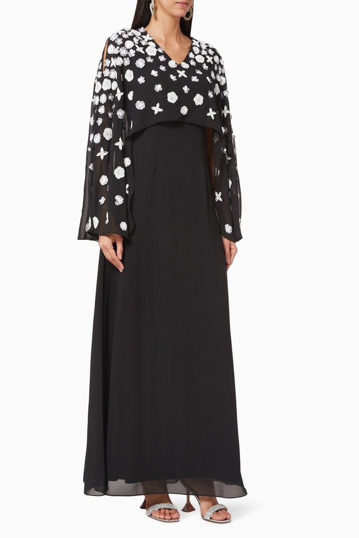 Floral Embroidered Cape Gown, Black