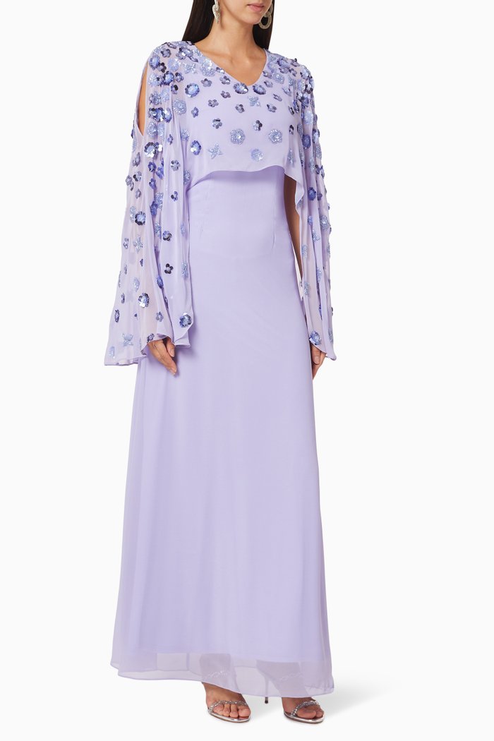 

Floral Embroidered Cape Gown, Purple