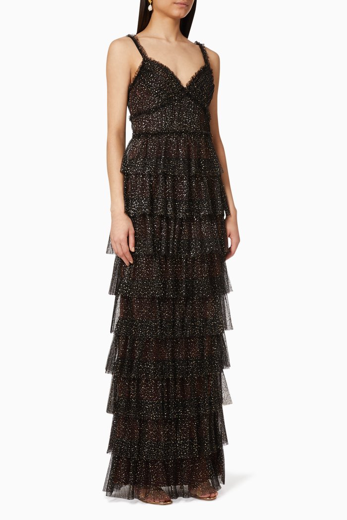 

Glitter Tiered Tulle Gown, Black