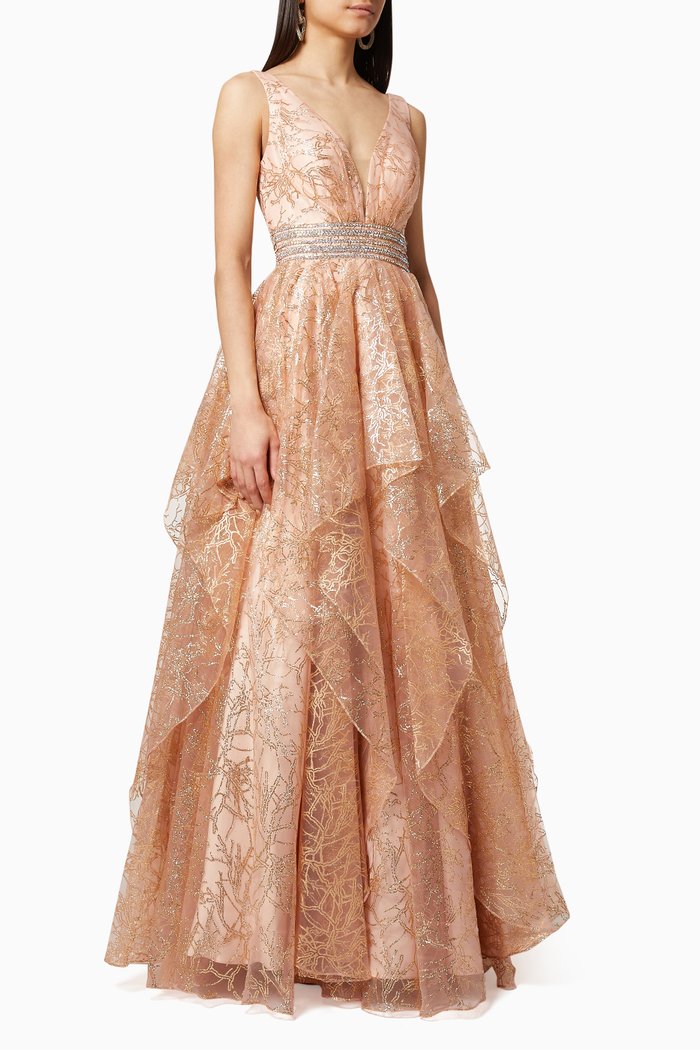 

Glitter Tulle Flounce Gown, Gold