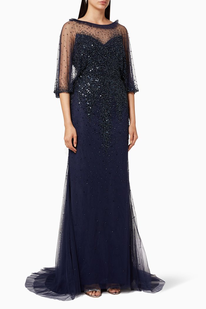 

Sequin Bead Tulle Capelet Gown, Blue