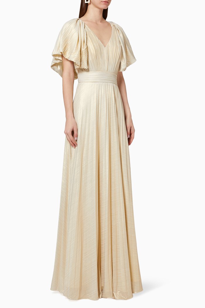 

Pleated Belted Dress, Gold
