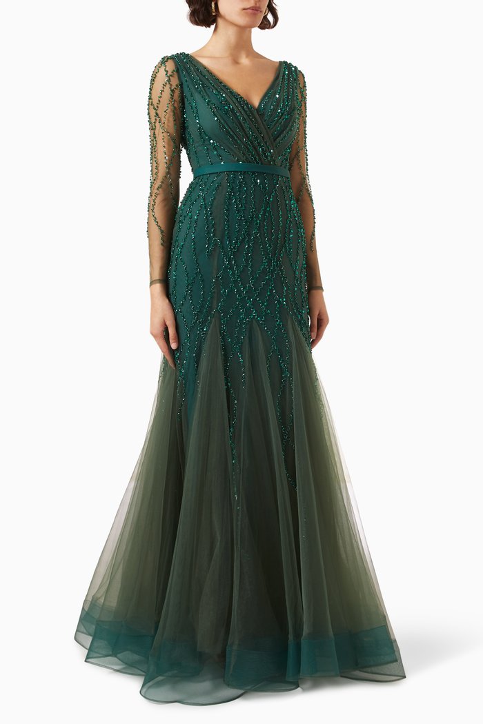 

Sequin Bead Tulle Gown, Green