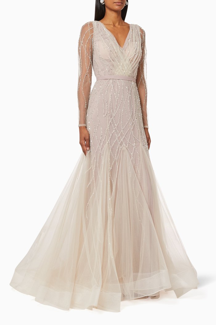 

Sequin Bead Tulle Gown, Silver
