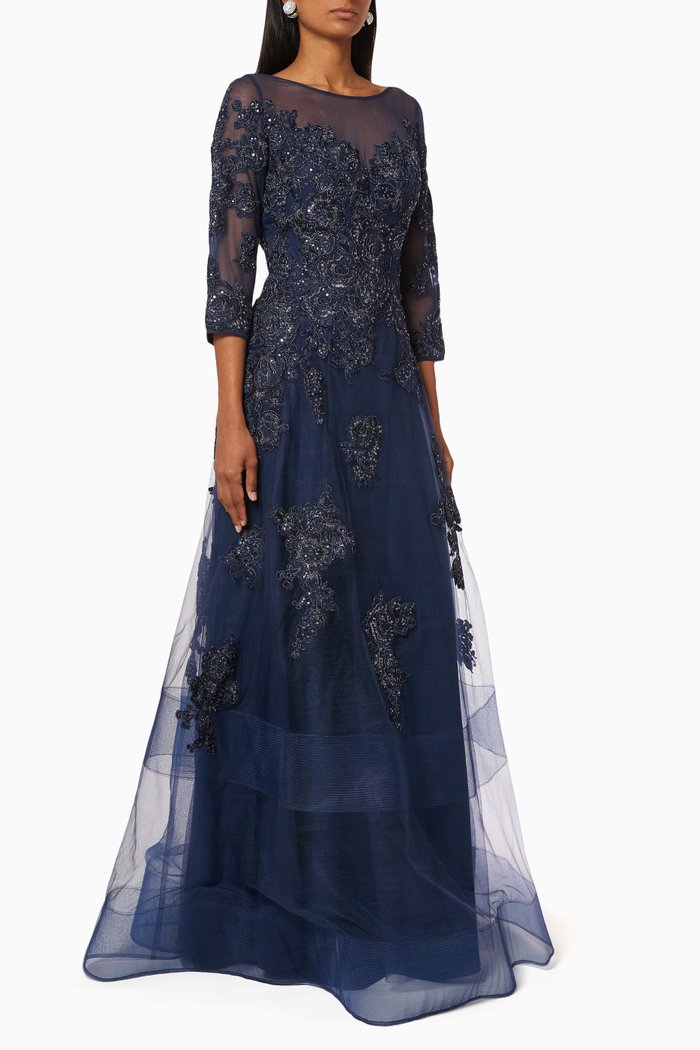 

Sequin Floral Appliqué Tulle Gown, Blue