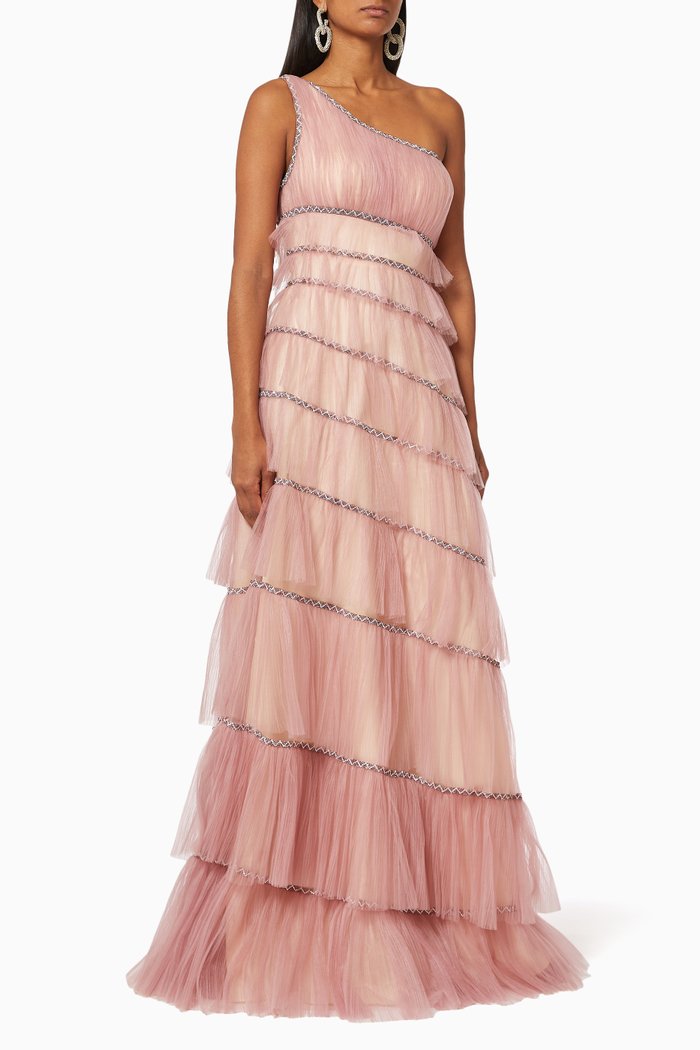 

One Shoulder Frill Tiered Tulle Gown, Pink