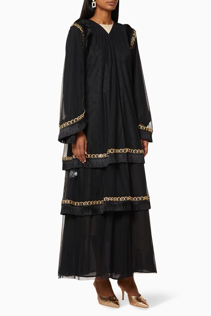 

Tiered Fringe Tulle Abaya, Black