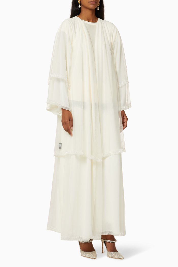 

Tiered Embroidered Tulle Abaya, White
