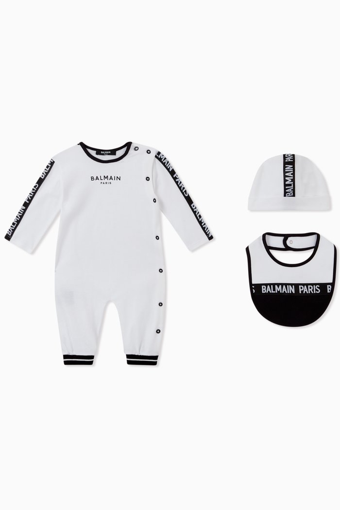 

Logo Tape Romper, Hat & Bib Set in Cotton Jersey, White