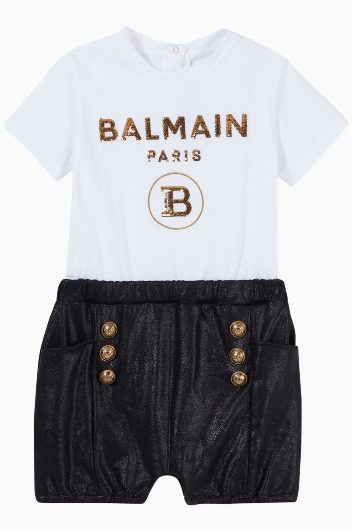 Sequin Logo Romper in Cotton Blend, White