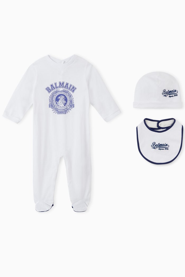 

Logo Romper, Hat & Bib Set in Cotton Jersey, White