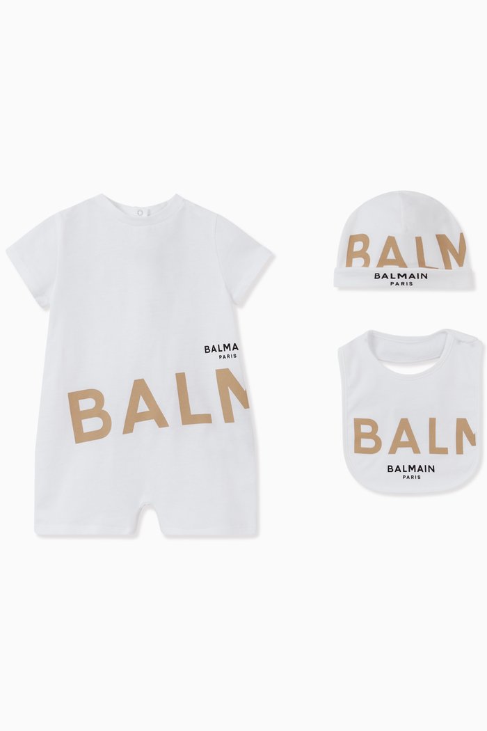 

Logo Romper, Hat & Bib Set in Cotton Jersey, White