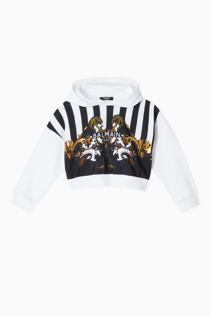 

Striped Graphic Print Hooded Sweatshirt, White