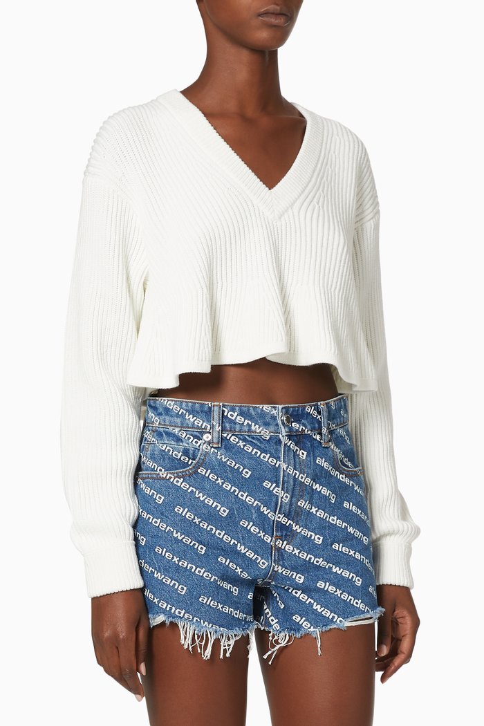 

Cropped V-Neck Knit Pullover, White