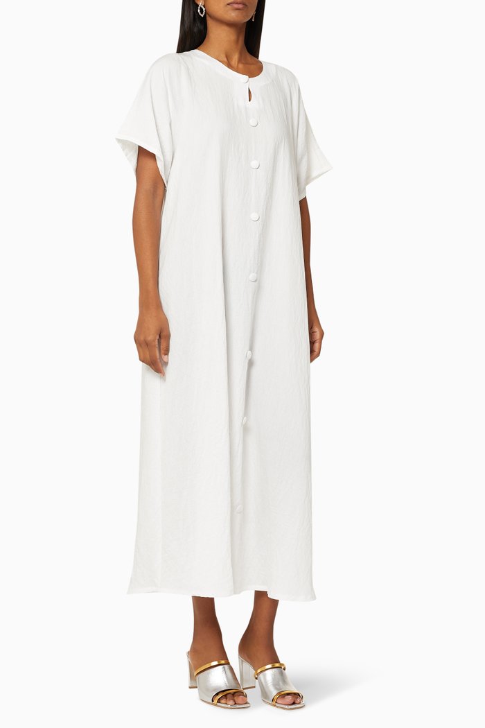 

Crinkled Button Dress, White
