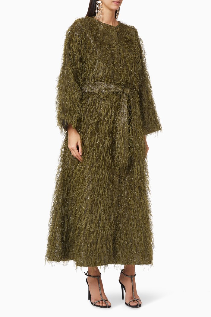 Feather Belted Kaftan Set, Green