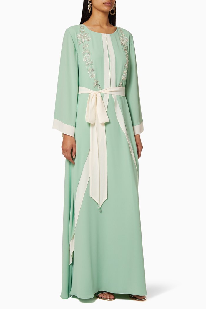 

Hand Embroidered Belted Jalabiya & Hijab Set, Green