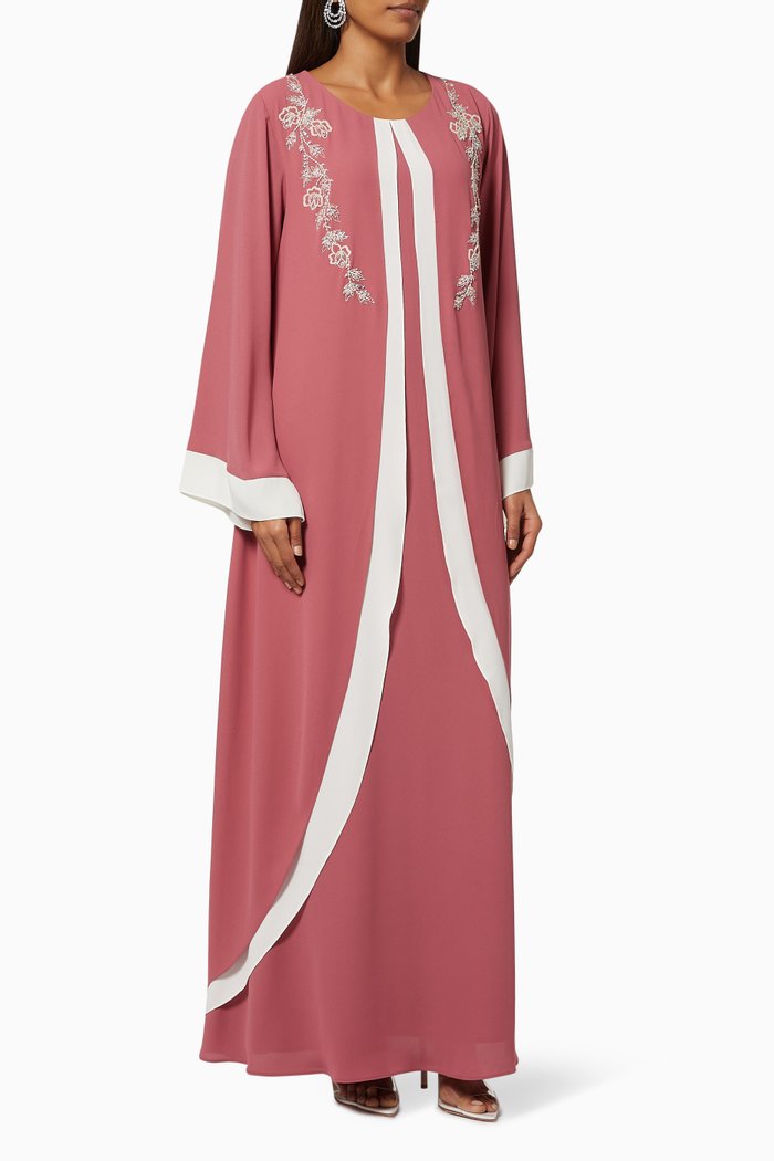 Hand Embroidered Belted Jalabiya & Hijab Set, Pink