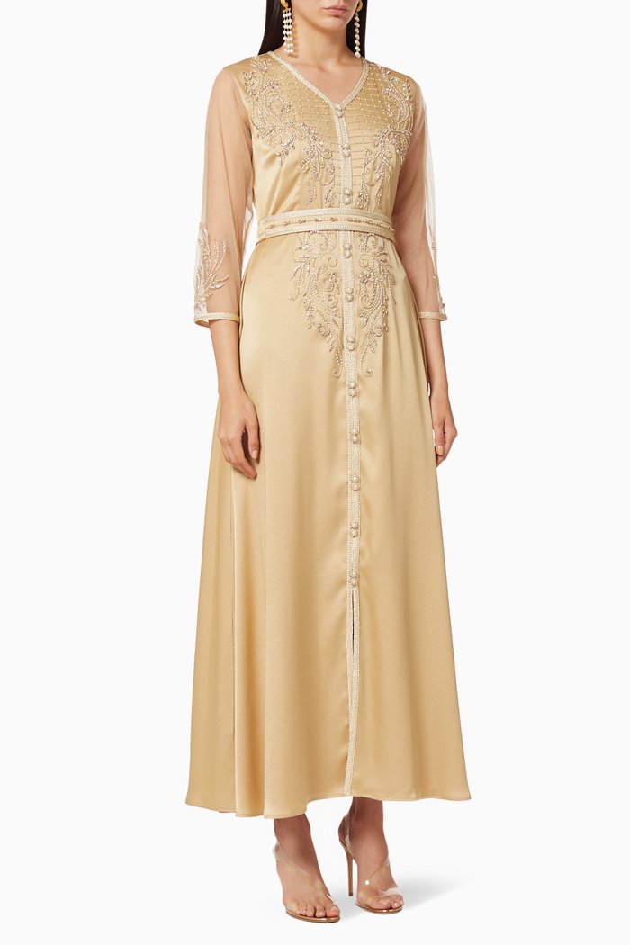 Hand Embroidered Moroccan Dress, Neutral