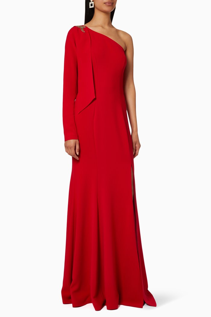

One-shoulder Stretch Crepe Mermaid Gown, Red