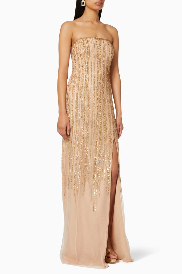 

Strapless Beaded Slit Gown, Gold