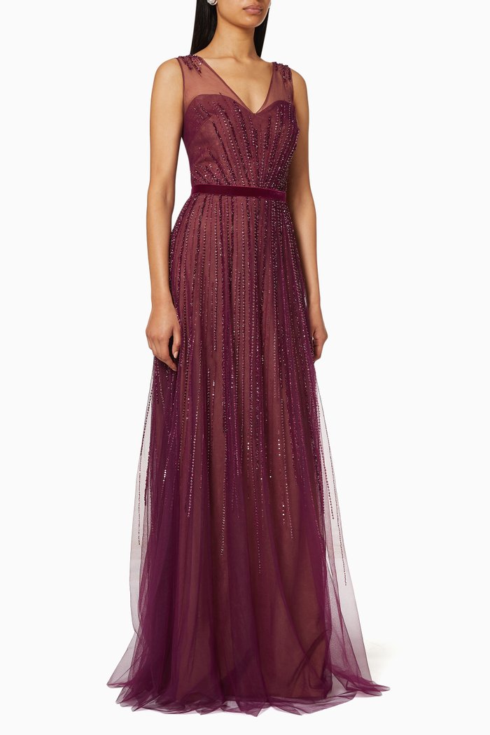 

Sleeveless Fully Beaded Gown, Purple