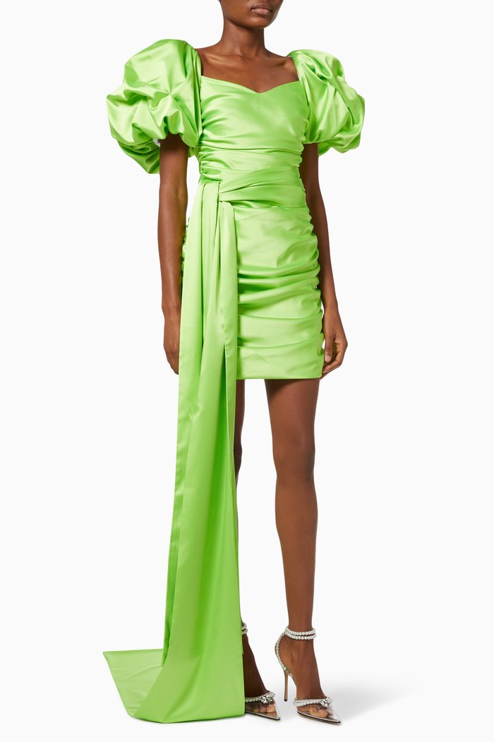 

Puffed Sleeves Dress in Silk Satin, Green