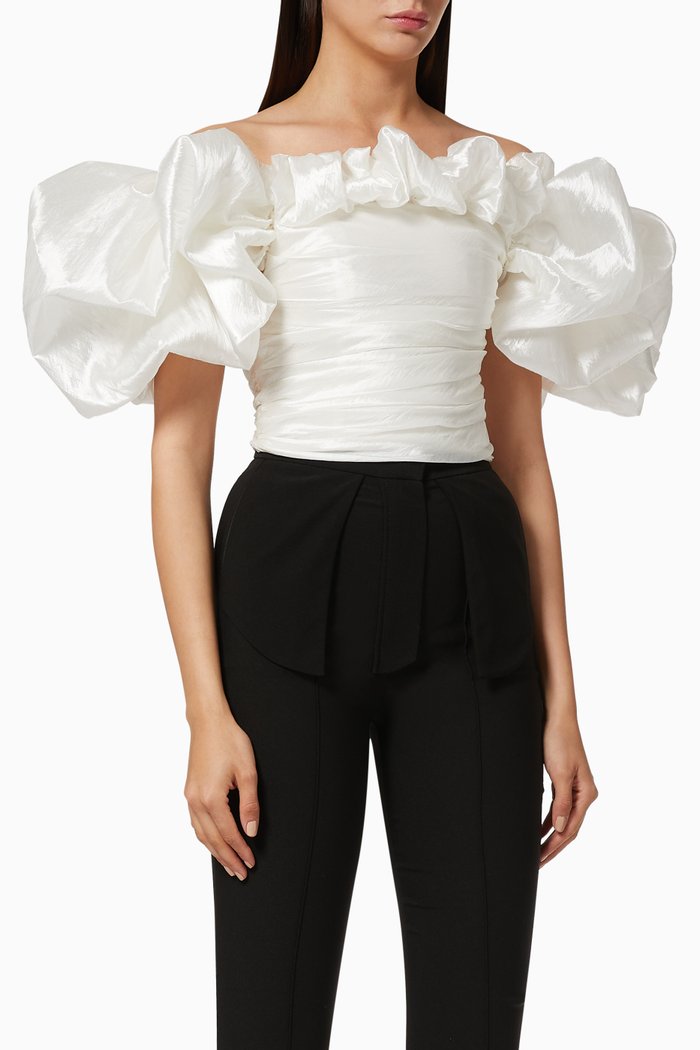 

Ruffled Silk Off-Shoulder Top, White