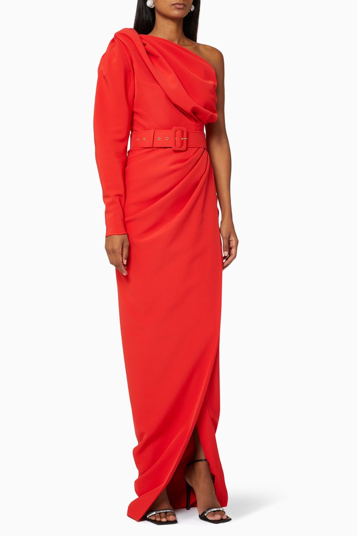 One Shoulder Gown with Belt, Red