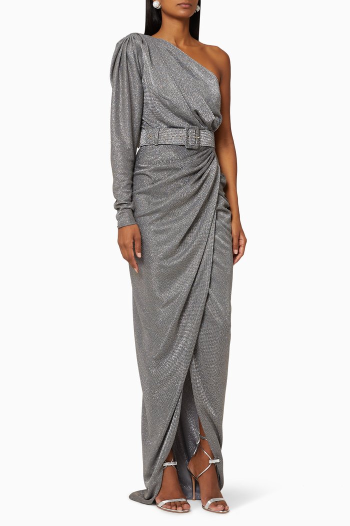 

One Shoulder Jersey Gown with Belt, Silver