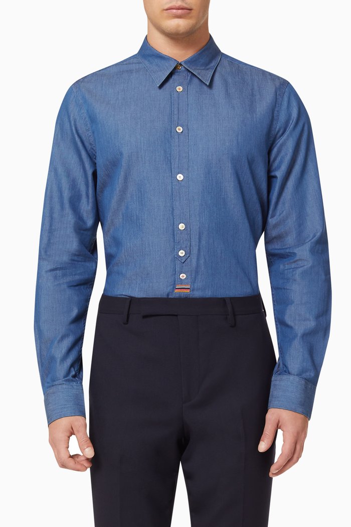 

Artist Stripe Slim Fit Cotton-Tencel Shirt, Blue