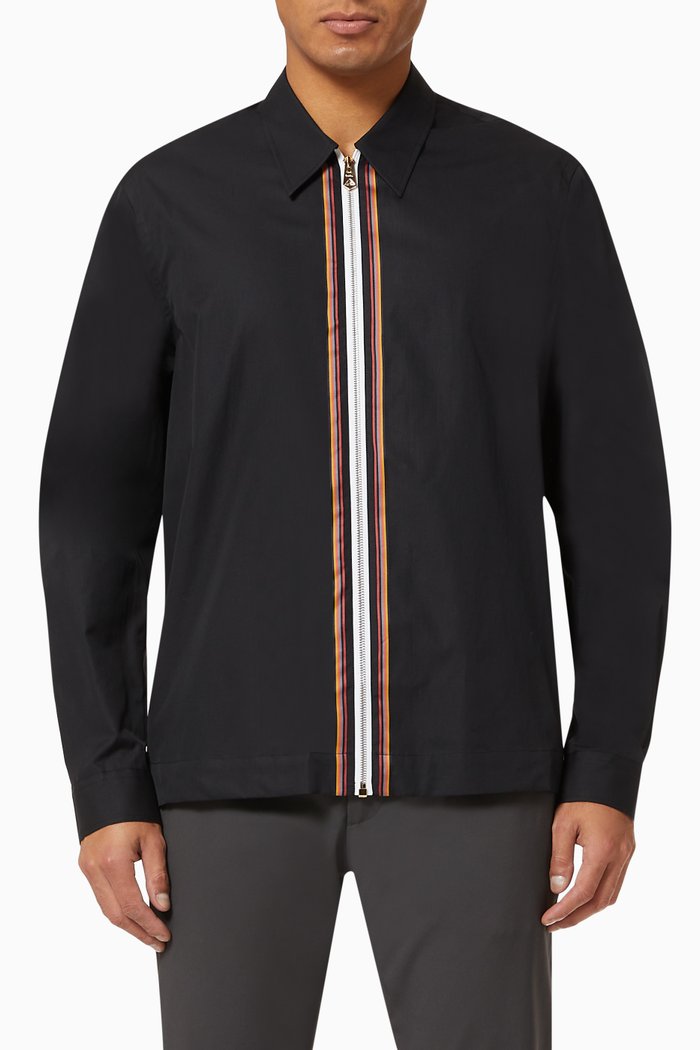 

Artist Stripe Zipped Shirt in Cotton Poplin, Black