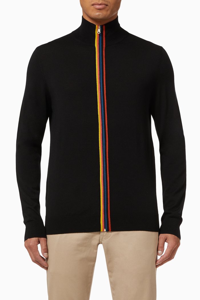 

Artist Stripe Zipped Cardigan in Merino Wool, Black