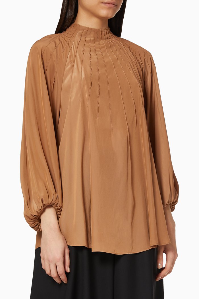 

Powdery Silkey Dechin Pintucked Blouse, Brown