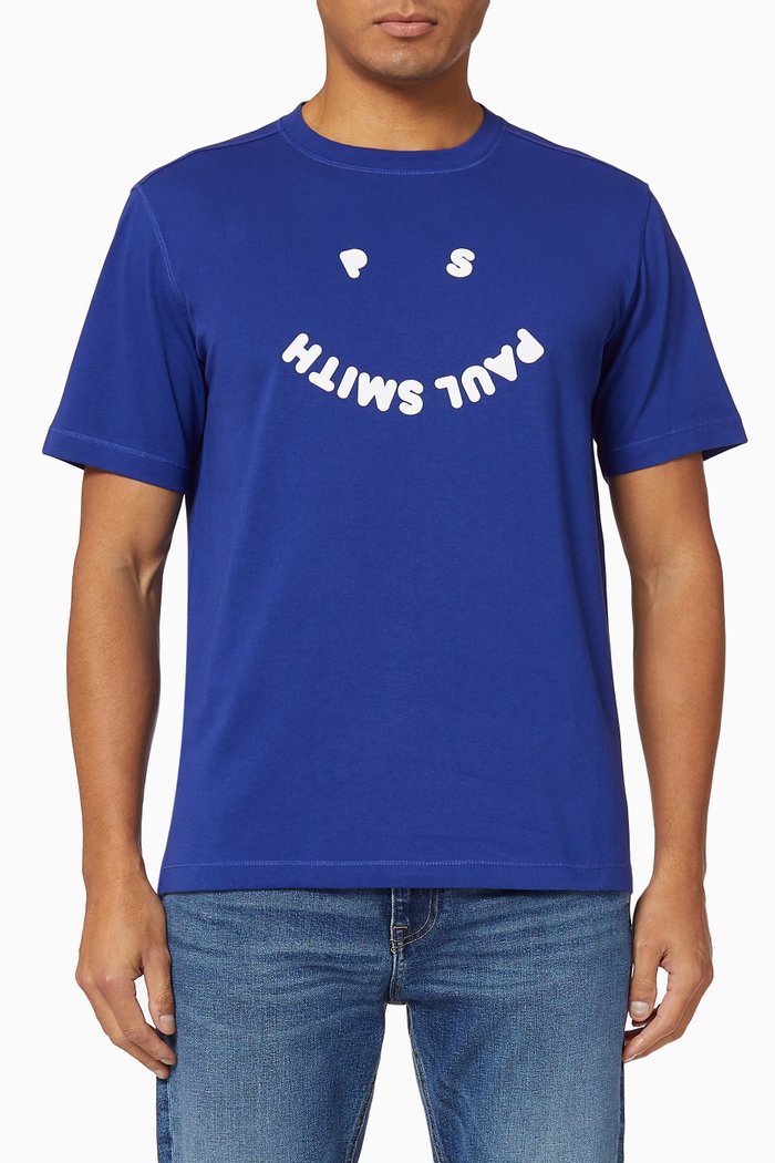 

Face Logo Print Organic Cotton T-Shirt, Blue