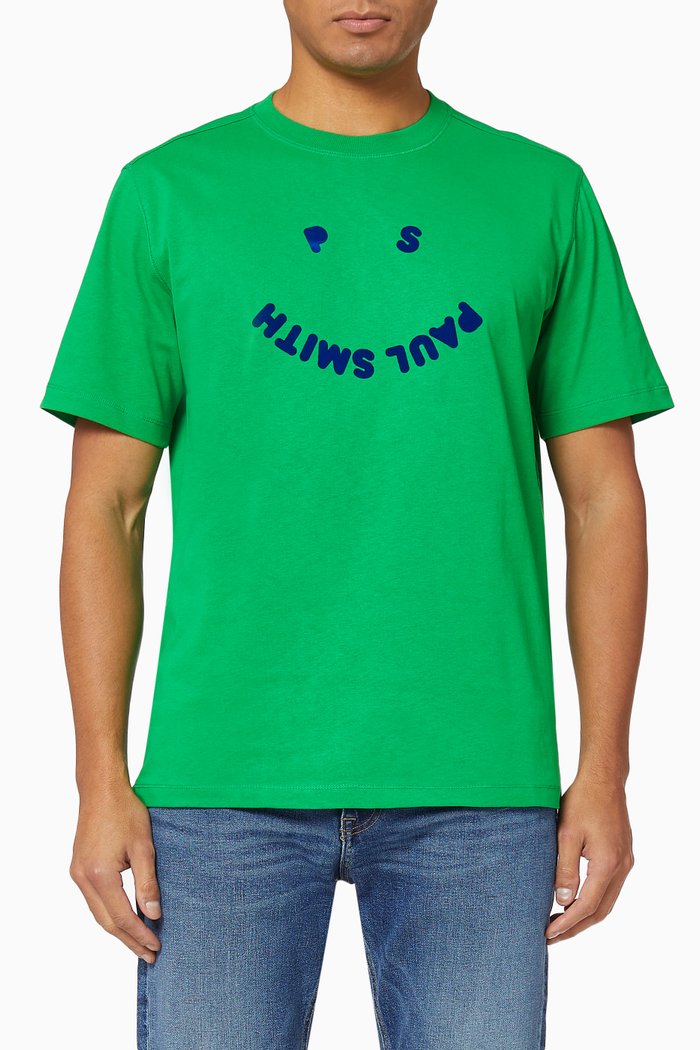 Face Logo Print Organic Cotton T-Shirt, Green