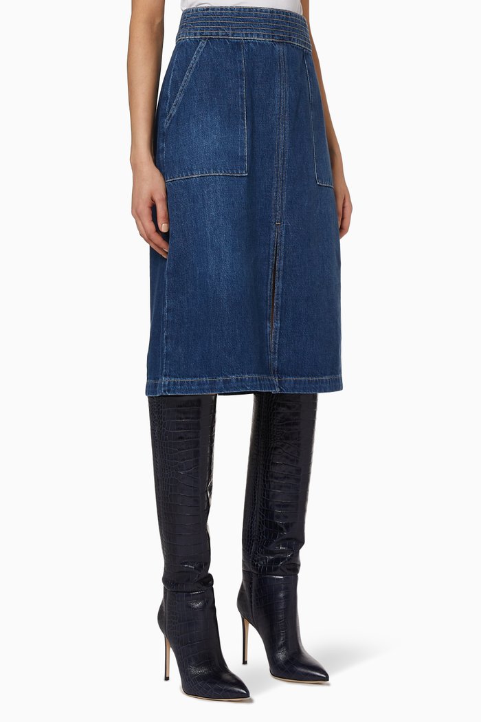 

Trapunto Denim Midi Skirt, Blue