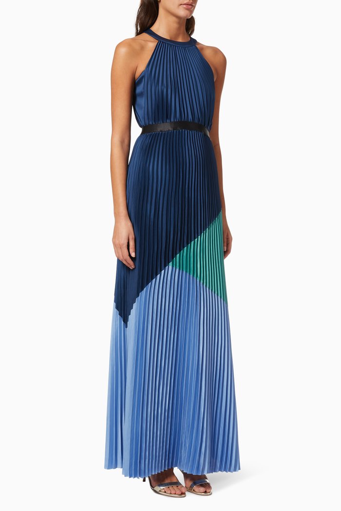 

Check Pleated Plissé Dress, Blue