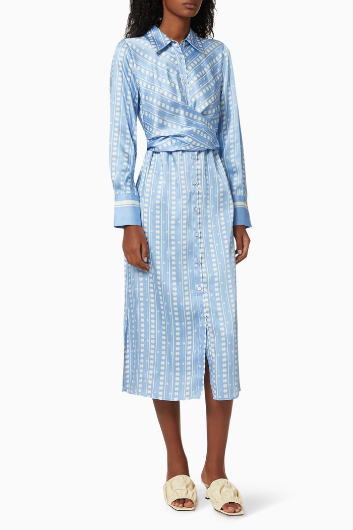 Pineta Printed Dress in Satin, Blue