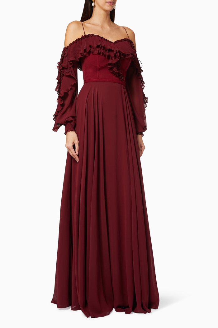 

Pleated Cold-Shoulder Dress, Burgundy