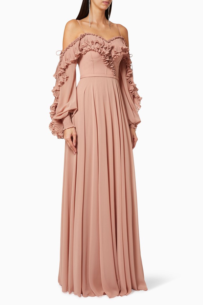 

Pleated Cold-Shoulder Dress, Neutral