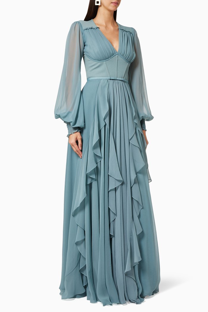 

Corset-Style Waist Chiffon Dress, Blue