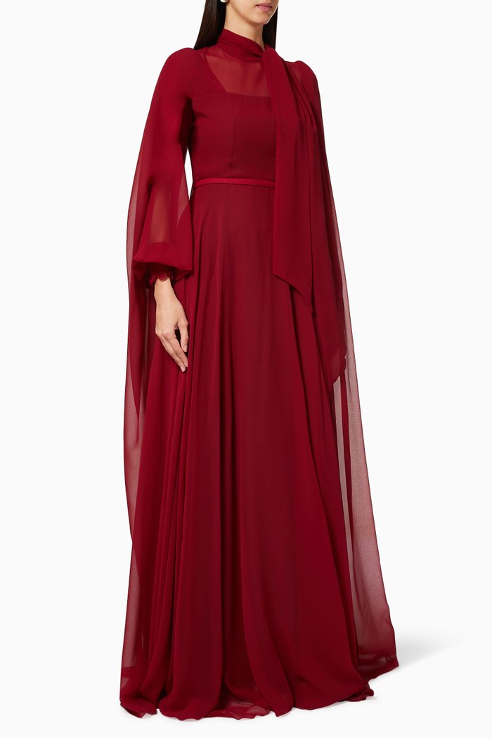 

Cape-Style Chiffon Crepe Dress, Red