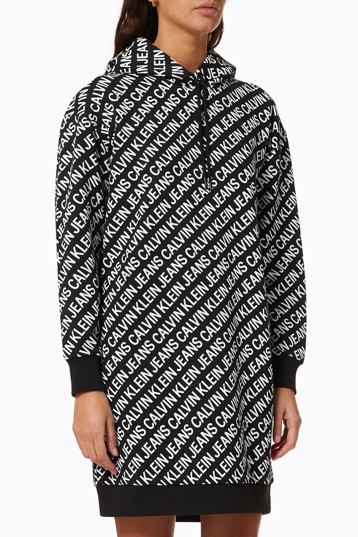

All-over Logo Hoodie Dress in Organic Cotton, Black